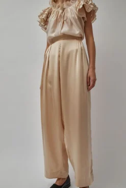 Raj Pleated Satin Pants in Creme
