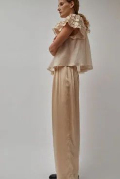 Raj Pleated Satin Pants in Creme