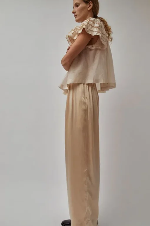 Raj Pleated Satin Pants in Creme