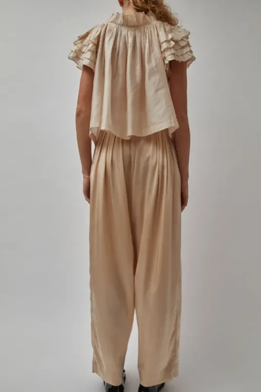 Raj Pleated Satin Pants in Creme
