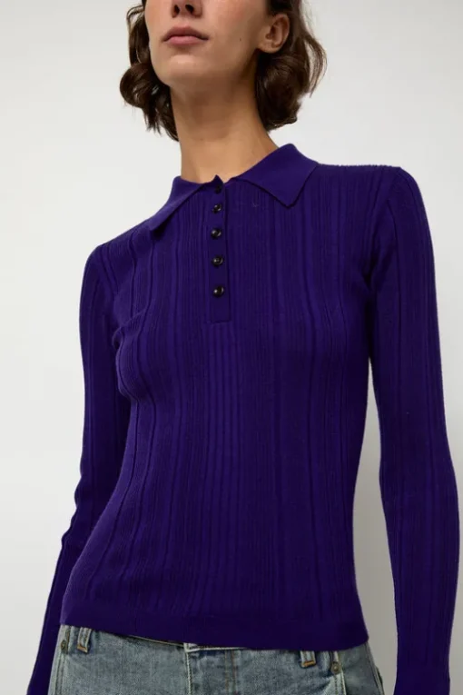 Ribbed Knit Polo in Grape