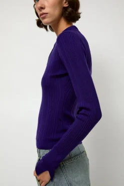 Ribbed Knit Polo in Grape