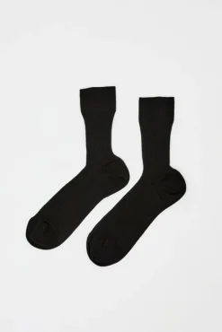 Ribbed Mid Calf Bio Cotton Socks in Nero