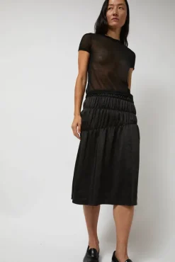 Satin Gather Long Skirt in Black