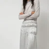 Satin Gather Long Skirt in Grey