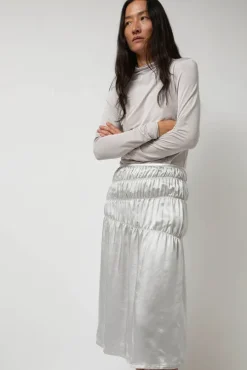 Satin Gather Long Skirt in Grey