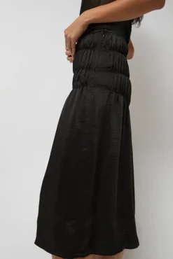 Satin Gather Long Skirt in Black