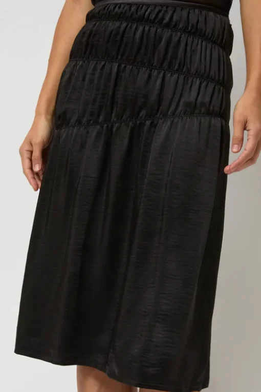 Satin Gather Long Skirt in Black