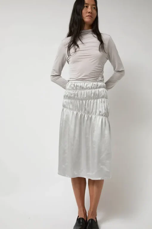Satin Gather Long Skirt in Grey