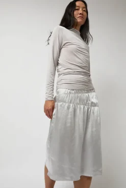 Satin Gather Long Skirt in Grey