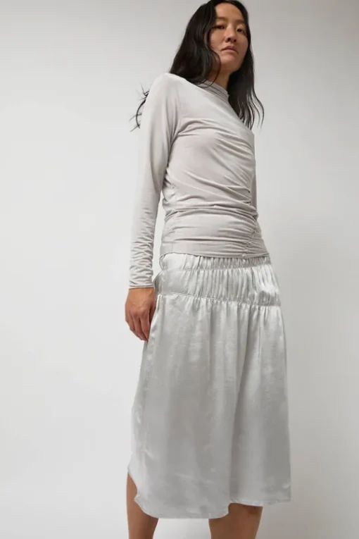 Satin Gather Long Skirt in Grey