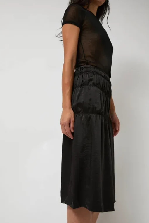 Satin Gather Long Skirt in Black