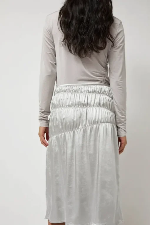 Satin Gather Long Skirt in Grey
