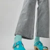 T Strap Clog on Mid Heel in Turquoise Patent