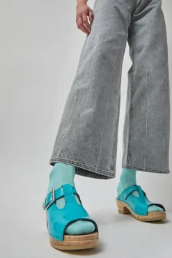 T Strap Clog on Mid Heel in Turquoise Patent
