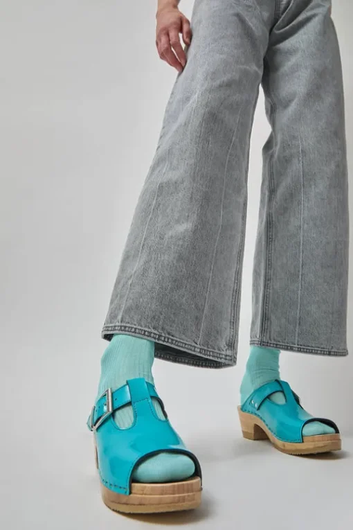 T Strap Clog on Mid Heel in Turquoise Patent