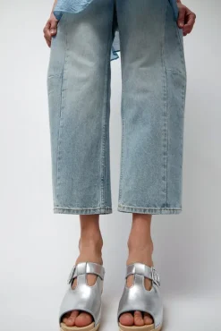 T Strap Clog on Mid Heel in Silver