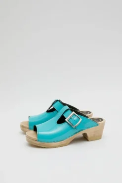 T Strap Clog on Mid Heel in Turquoise Patent