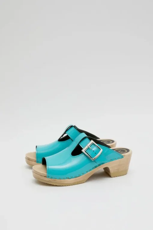 T Strap Clog on Mid Heel in Turquoise Patent