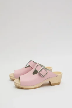 T Strap Clog on Mid Heel in Light Pink