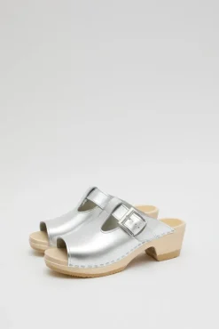 T Strap Clog on Mid Heel in Silver