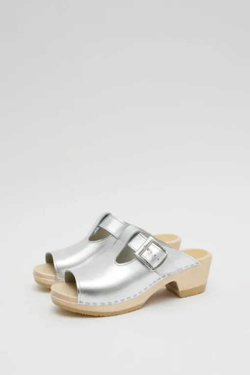 T Strap Clog on Mid Heel in Silver