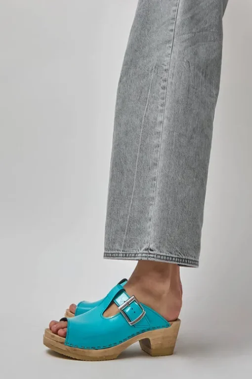 T Strap Clog on Mid Heel in Turquoise Patent