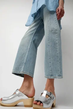 T Strap Clog on Mid Heel in Silver