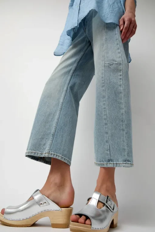 T Strap Clog on Mid Heel in Silver