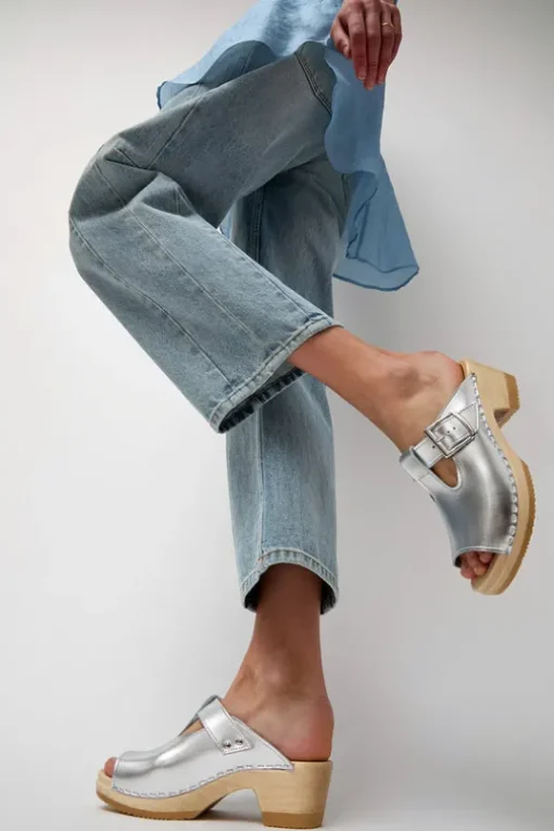 T Strap Clog on Mid Heel in Silver
