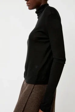 Thin Ribbed Roll Neck Top in Black