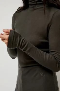 Thin Ribbed Roll Neck Top in Dark Gray