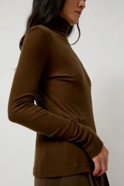 Thin Ribbed Roll Neck Top in Brown