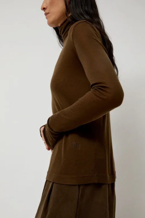 Thin Ribbed Roll Neck Top in Brown