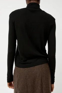 Thin Ribbed Roll Neck Top in Black