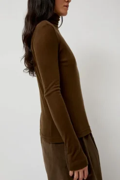 Thin Ribbed Roll Neck Top in Brown