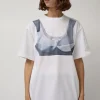 T-Shirt with Augmented Denim Top in White