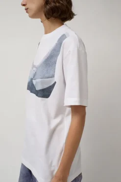 T-Shirt with Augmented Denim Top in White