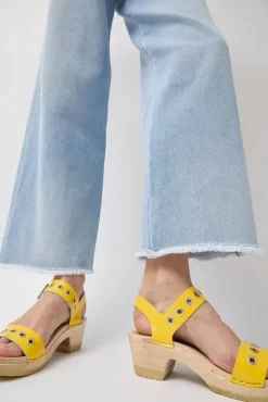 Two Strap Clog on Mid Heel in Yellow Patent with Eyelets