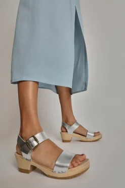 Two Strap Clog on Mid Heel in Silver
