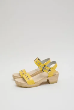 Two Strap Clog on Mid Heel in Yellow Patent with Eyelets