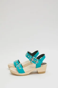 Two Strap Clog on Mid Heel in Turquoise Patent with Eyelets