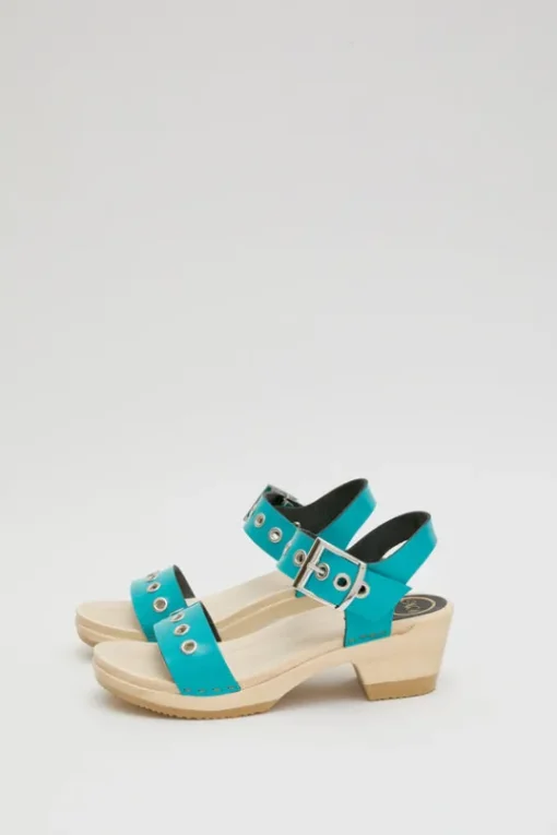 Two Strap Clog on Mid Heel in Turquoise Patent with Eyelets