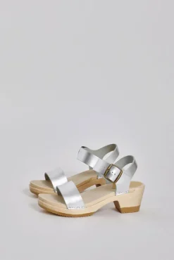 Two Strap Clog on Mid Heel in Silver