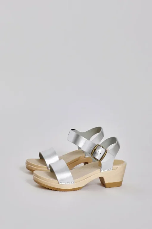 Two Strap Clog on Mid Heel in Silver