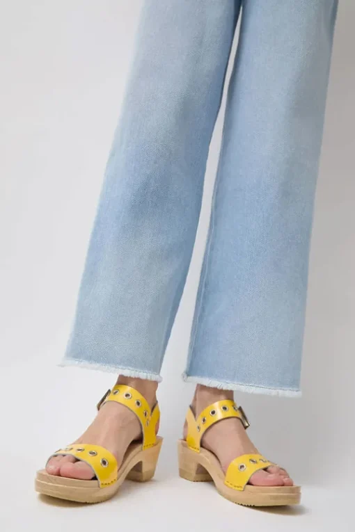 Two Strap Clog on Mid Heel in Yellow Patent with Eyelets