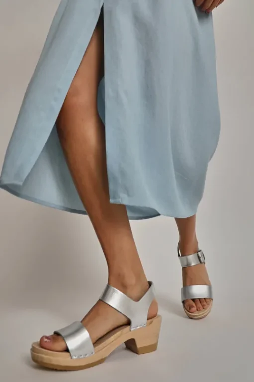 Two Strap Clog on Mid Heel in Silver
