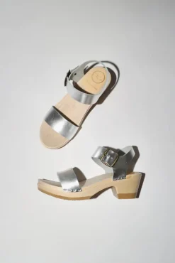 Two Strap Clog on Mid Heel in Silver