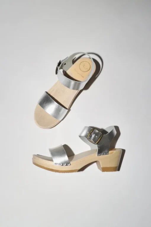 Two Strap Clog on Mid Heel in Silver