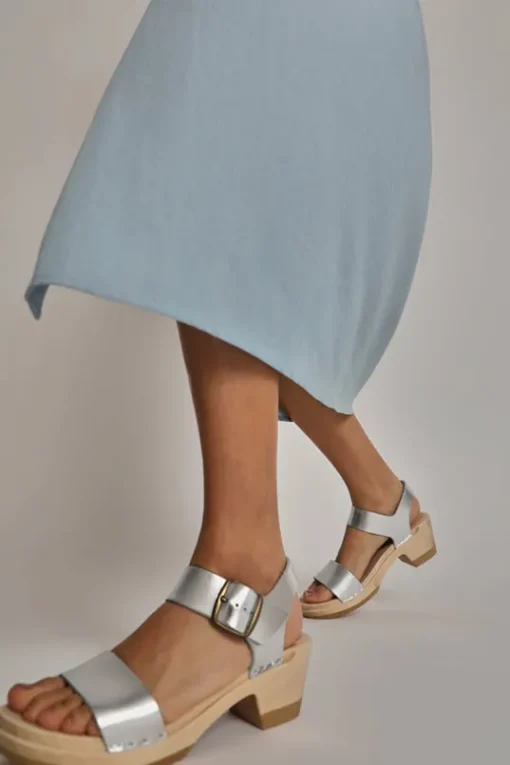 Two Strap Clog on Mid Heel in Silver
